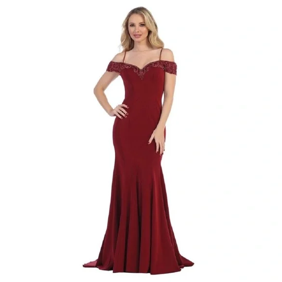 fit and flare burgundy dress Burgundy Cross Neck Modest Flare Sleeves Long Dress XXL
